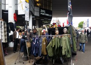 Military fashion and antiques stalls at the Sunday Flea Market, Portobello Green Market
